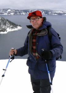 Len Pierson hiking in the snow at Crater Lake.